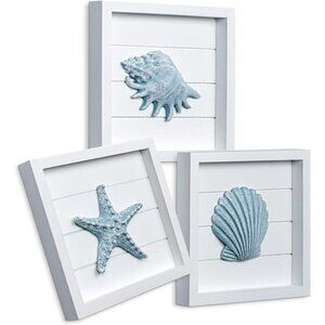 Coastal Seashell Starfish Wall Art Set Beach Bathroom Ocean Decor Framed